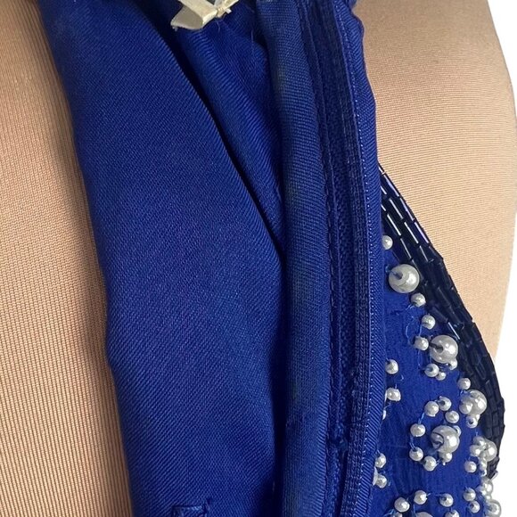 VTG 90s Ibiza Silk Hand Beaded Halter Neck Column Gown S Maxi Dress Royal Blue - Picture 7 of 12